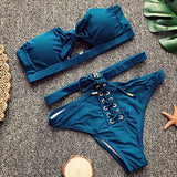 Solid Lace Up High Waist Bikini
