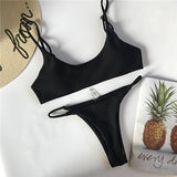 Brazillian Thong Bikini Black Ribbed Swimsuit