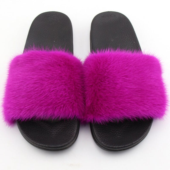 Women Fur Luxury Real Pink Slippers